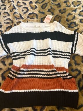 Striped Crewneck Sweater in White, Black & Rust - Women